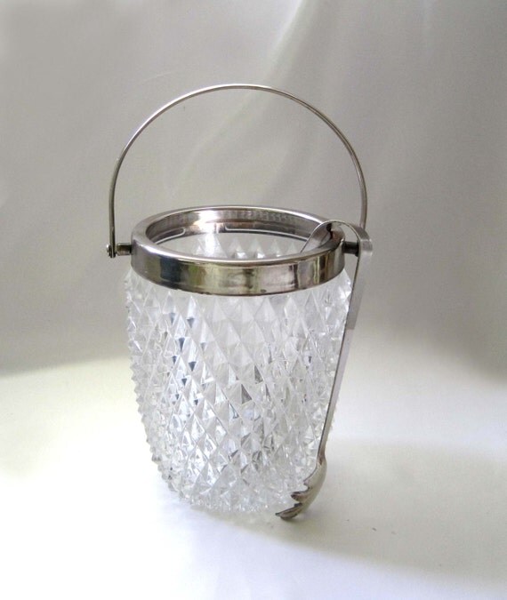 Diamond Cut Glass Ice Bucket Silver Plate with Tongs