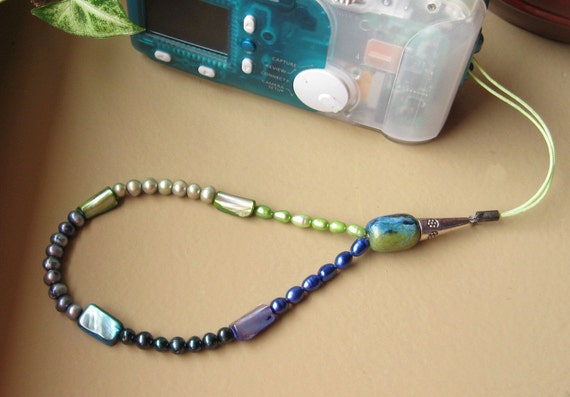 SALE-Blue & Green Pearl and Mother of Pearl Wrist Lanyard - "Ombre"
