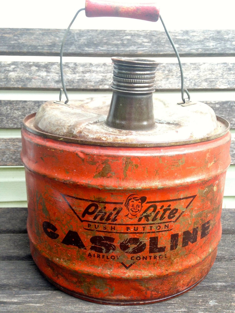 Vintage 50s Phil Rite 3 Gallon Gas Can Hot Rod Advertising Push Button