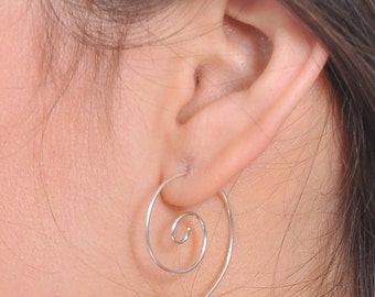 Silver swirl spiral earrings,cute pull through Earrings, wire earrings, fun boho earrings, simple everyday earrings, sterling silver 925