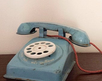 Vintage Blue Metal Toy Telephone *FREE SHIPPING *