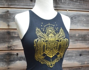 Egyptian Fitted Crop Top - Gold Egyptian Scarab Crop Top - Sacred Geometry Crop Top - Flower of Life - Women's Yoga Clothing