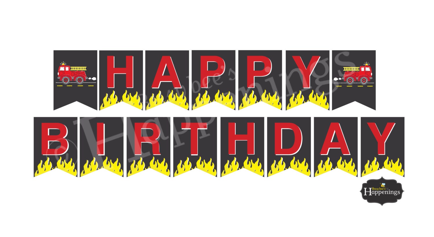 Fire truck Happy Birthday Banner FIRETRUCK Pennant Banner