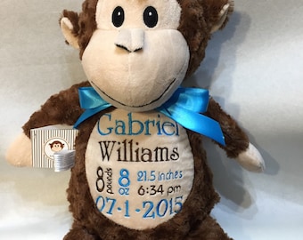 Personalized Monkey, Monkey Cubby, Huggles Monkey, Personalized Cubbies, Birth Announcement, Stuffed Animal Toy