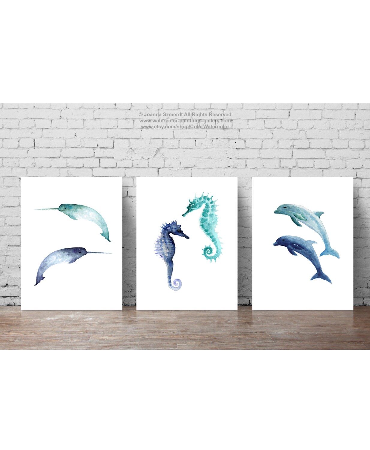 Dolphins Narwhal And Seahorse Set of 3 Watercolor Painting