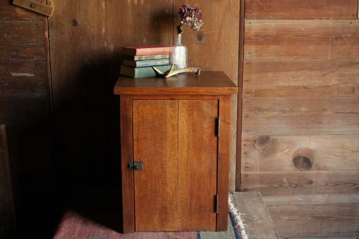 Vintage Oak Nightstand, Vintage Record Wood Record