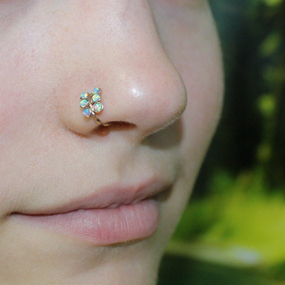 Nose Ring Hoop - Gold Nose Stud - Helix Piercing - Tragus Jewelry - Cartilage Earring - Septum 18g - Rook Earring - 2mm Opal Nose Piercing