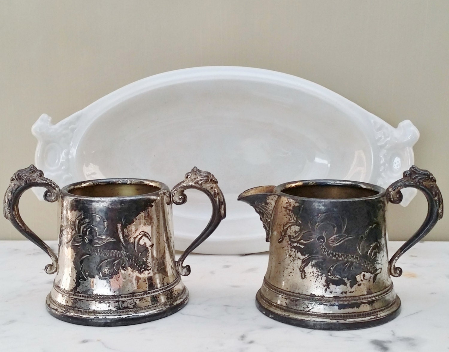 Vintage Sugar and Creamer Set Decorative Etched Silver Plate