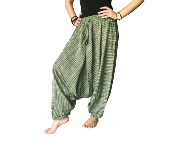 Linen Harem Pants - Green Baggy Trousers Casual Comfortable Cropped ...