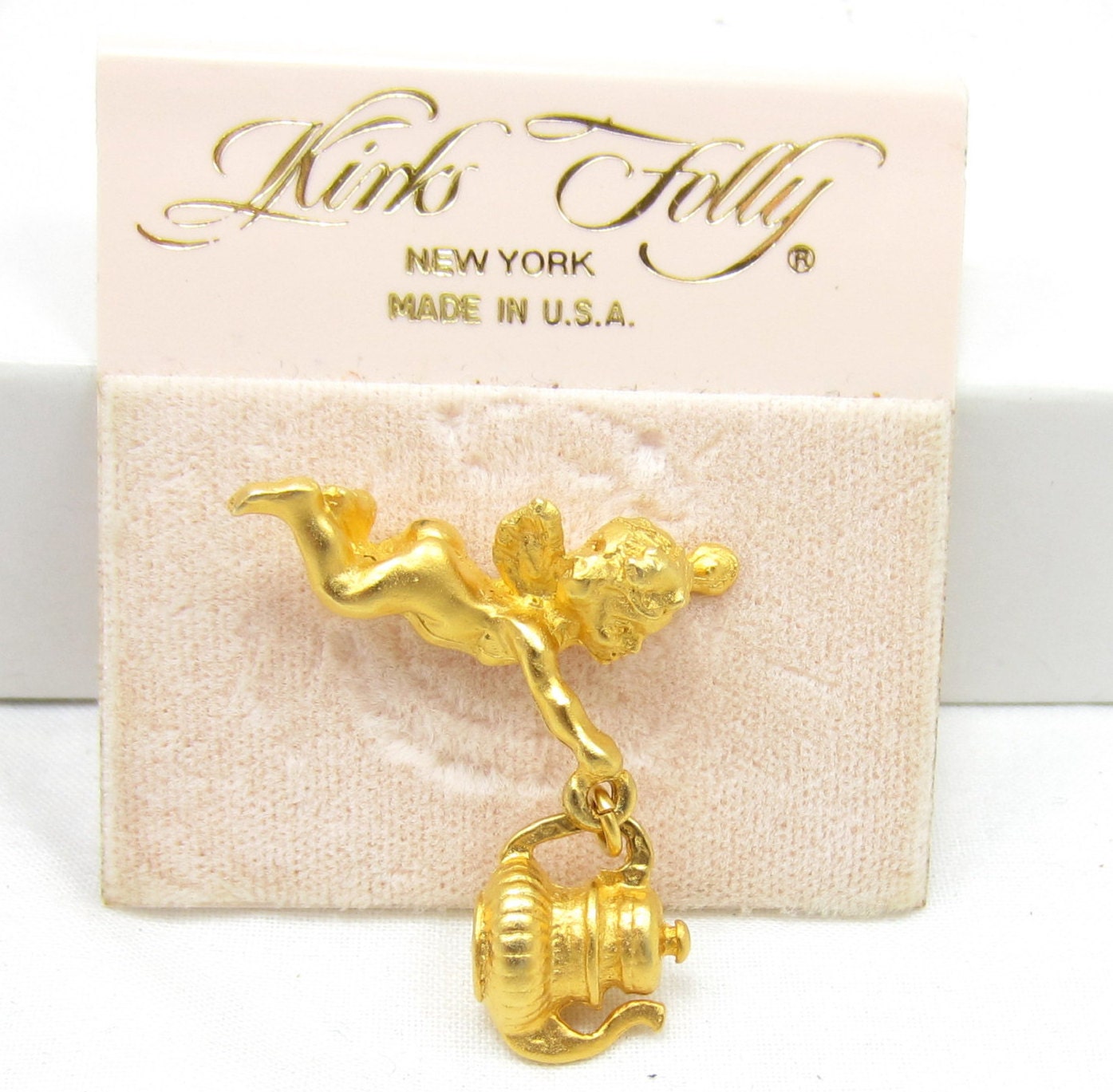 Kirks Folly Flying Angel Pin Cherub Brooch Small Gold Lapel Designer Signed Gold Brooch Shawl