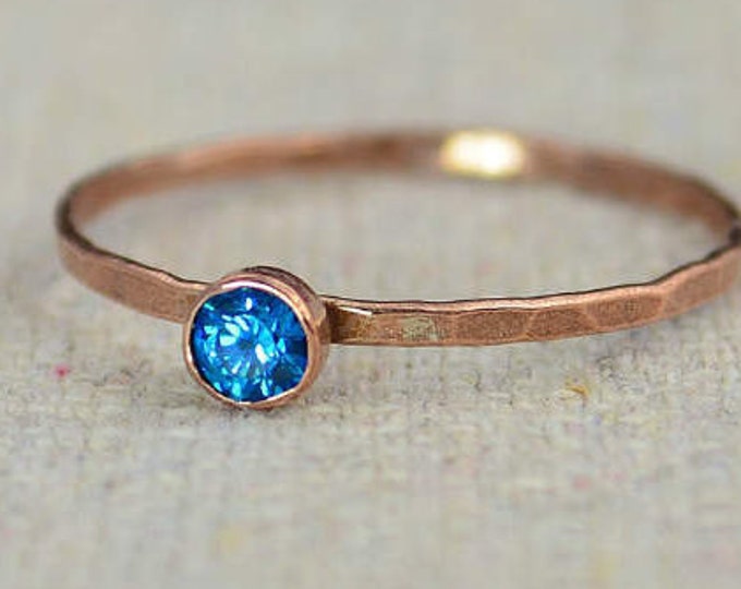 Dainty Copper Blue Zircon Ring, Hammered Copper, Blue Zircon Mother's Ring, Decembers Birthstone Ring, Copper Jewelry, Blue Zircon Ring