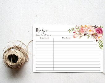 Recipe Card Printable Instant Download, Floral, Matching, Bridal Shower, Kitchen Cook Book, Watercolor, Winter Wedding, DIY