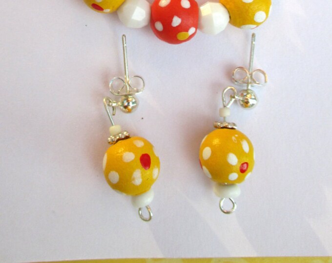 Easter bracelet-Childrens jewelry-Yellow and red-Polka dot bracelet-Kids jewelry set-Easter basket gifts-Clip on earrings-little girls-
