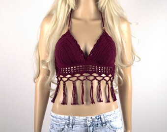 Crochet Crop Top, Halter Top, Boho Crop Top, Festival Crop Top, Crochet Halter Top, Boho, Crochet Top, Crochet Top Festival, Burgundy Top