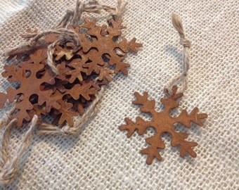 Set of 10 Miniature Metal Snowflake Ornaments Rust Brown Primitive Christmas Tree Decorations Rustic Holiday Room Accessory Seasonal Decor