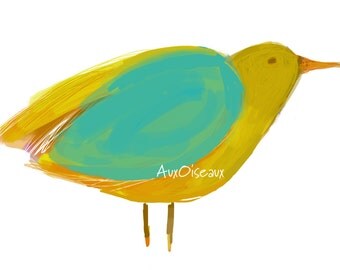 Oiseau jaune, turquoise, couleurs automne, dessin numérique original, impression de qualité, type giclée. Cadre non-inclus.
