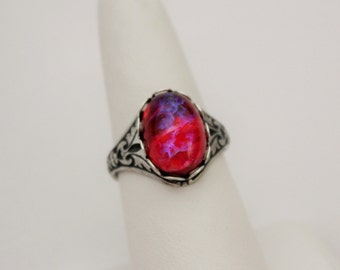 Dragons Breath Mexican Fire Opal Ring. Antique Silver or Antique Brass