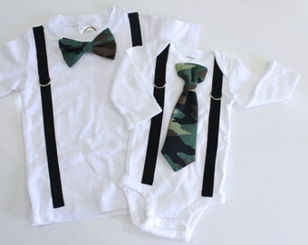 Baby Boy Camo Outfit. Camo Baby Boy Clothes. Camo Bow Tie. Camo Bowtie. Hipster Baby Boy Clothes. Tie and Suspender Bodysuit. Boys Bodysuit