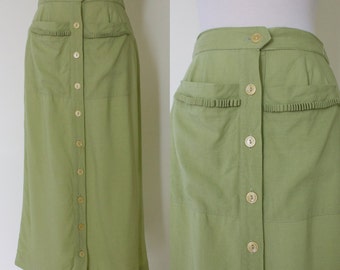 1950s Koret of California pale green midi skirt / vintage linen skirt with pockets / S