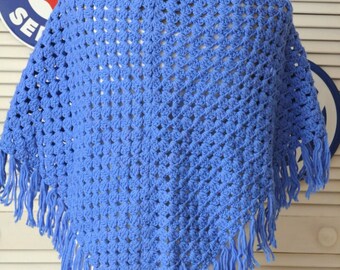 Vintage Bright Blue Crochet Shawl/Wrap/Poncho/60s 70s/Granny Country Prairie/Sapphire Blue Handmade Primitive Hippy Small Womens Teens Girls