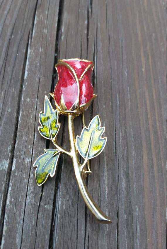 Enamel Red Rose Pin Red Rose Brooch Vintage Rose Pin by NuSqin