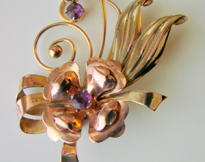1940s ISKIN Amethyst Floral Brooch / Designer Signed / Retro / 10K Gold Filled / Rose & Green Gold / Vintage Jewelry / Jewellery
