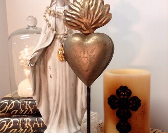 Religious Ex Votos Milagros Flaming Heart Tin Sacred Heart on stand lockett Brass Gold Color Single item