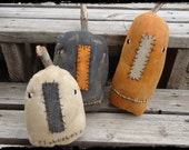 Three Jacks Halloween Pumpkins, Primitive Folk Art, Grungy Jack o Lantern, Autumn Fall Decor, OFG FAAP