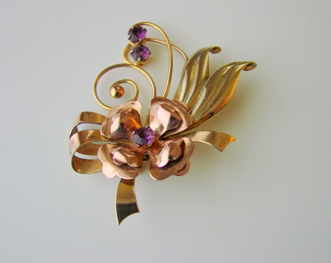 1940s ISKIN Amethyst Floral Brooch / Designer Signed / Retro / 10K Gold Filled / Rose & Green Gold / Vintage Jewelry / Jewellery