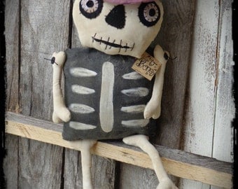Primitive Folk Art, Skeleton Bones Halloween Rag Doll, Autumn Fall Decor, Door Hanger Greeter, Shelf Sitter, OFG FAAP