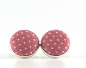 Pink Stud Earrings - Amaranth Pink Polka Dots Earring Studs - Cameo Pink Fabric Covered Buttons Silver Toned Earrings Posts Jewelry