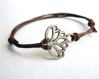 SALE -Silver Lotus Flower bracelet, Lotus Flower anklet or Lotus choker -waxed cotton cord -Gift for her, Best Friend, Bridesmaids -8 colors