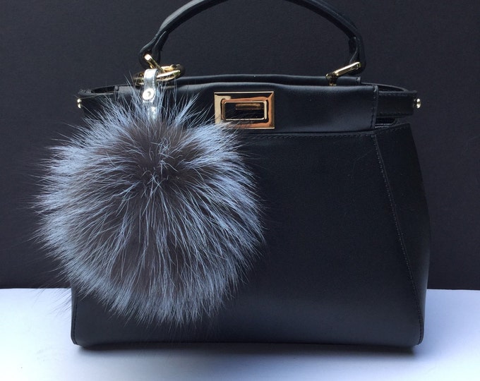 New !Fur bag charm, fur pom pom keychain, fur ballkeyring purse pendant silver fox pelt