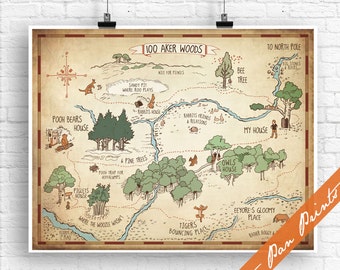 100 Aker Wood - Winnie the Pooh Map Print (Unframed) (featured in Treasure Map) Kids Art Posters and Gifts