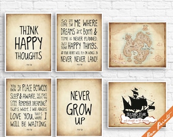 Peter Pan Neverland Quotes and Map (B) - Set of 6 Art Print (Unframed) (Featured in Treasure Map) Peter Pan Prints