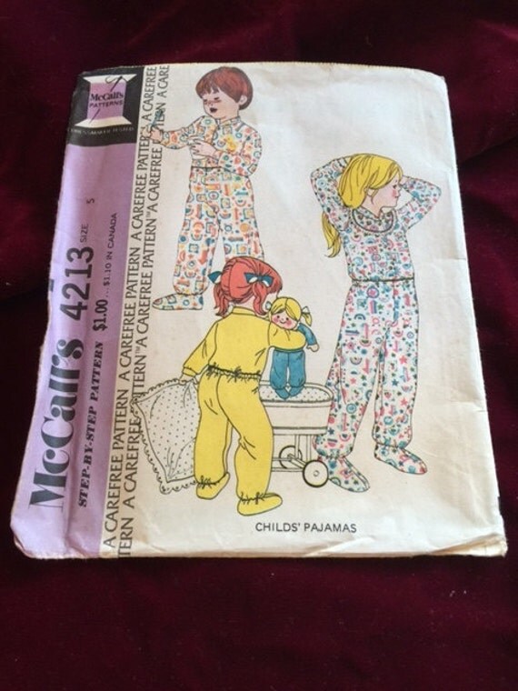 McCall's  1970's delightful child's pajama Pattern  4213 with feet. Snap One piece or two piece.  Age 5