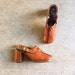 Vintage 60s - 70s Caramel Brown Leather Handmade Mules - Classic Mary Jane Clogs with Ankle Strap  - Chunky Leather Platform Shoes 6 - 6.5