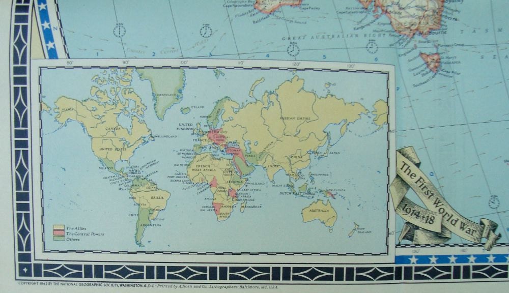 Vintage 1940's World Map Large 1943 National by AdasLeftOverLove