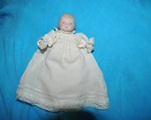 UNMARKED BISQUE Head and Hand Infant Doll 5 3/4" in Christening Dress