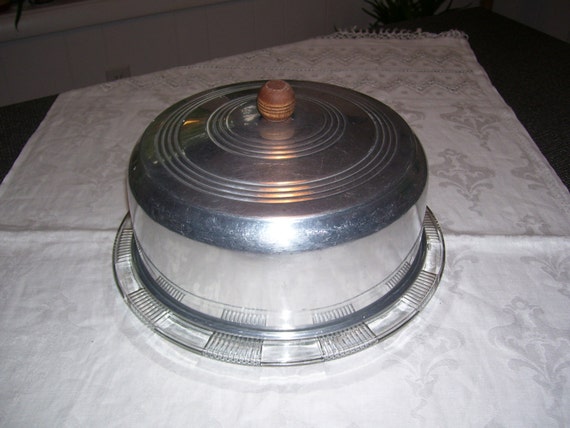 Cake Safe Cake Carrier Glass Plate Aluminum Top Vintage