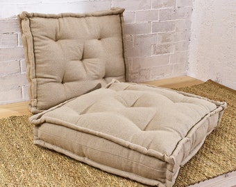 Wool-Filled Tufted Cushion / Floor Cushion / Square Chair Cushion / 15" x 15" x 4" thick / Made-to-Measure / Any Size and Shape