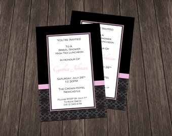 Bridal Shower Invite-Black and Light Pink Damask