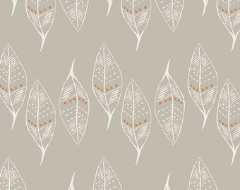 Leaf Fabric, Modern Cotton Fabric by the Yard, Gusts of Leaves Silver, Wanderer, Art Gallery, Taupe