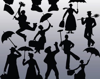12 Mary Poppins Silhouette Clipart Images, Clipart Design Elements, Instant Download, Black Silhouette Clip art