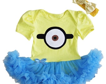 Minion Yellow Onesie With Blue Tutu Dress With Headband Newborn To 18 Months