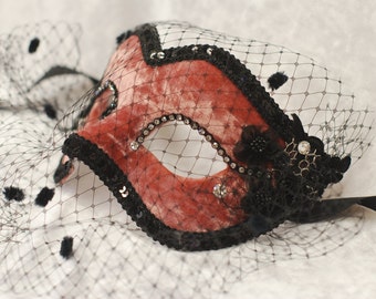 Masquerade Mask for Womens - Velvety Mask for Ladies - Traditional Venetian Mask "Colombina" - Dark Pink, Black S34/S35