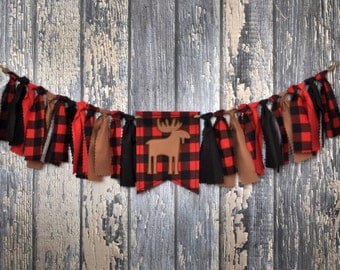 Shabby Rag Flag Fabric High Chair Banner - Lumberjack First Birthday - Red Black Buffalo Plaid Birthday Party Cake Smash Decor Highchair