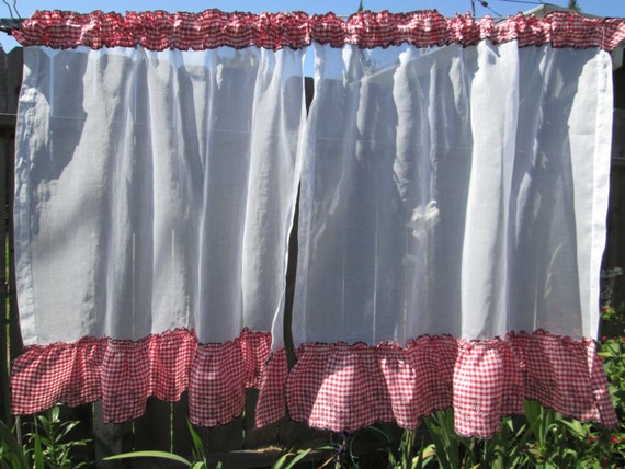 Sheer Kitchen Curtains 50s Bright White Organza and Red