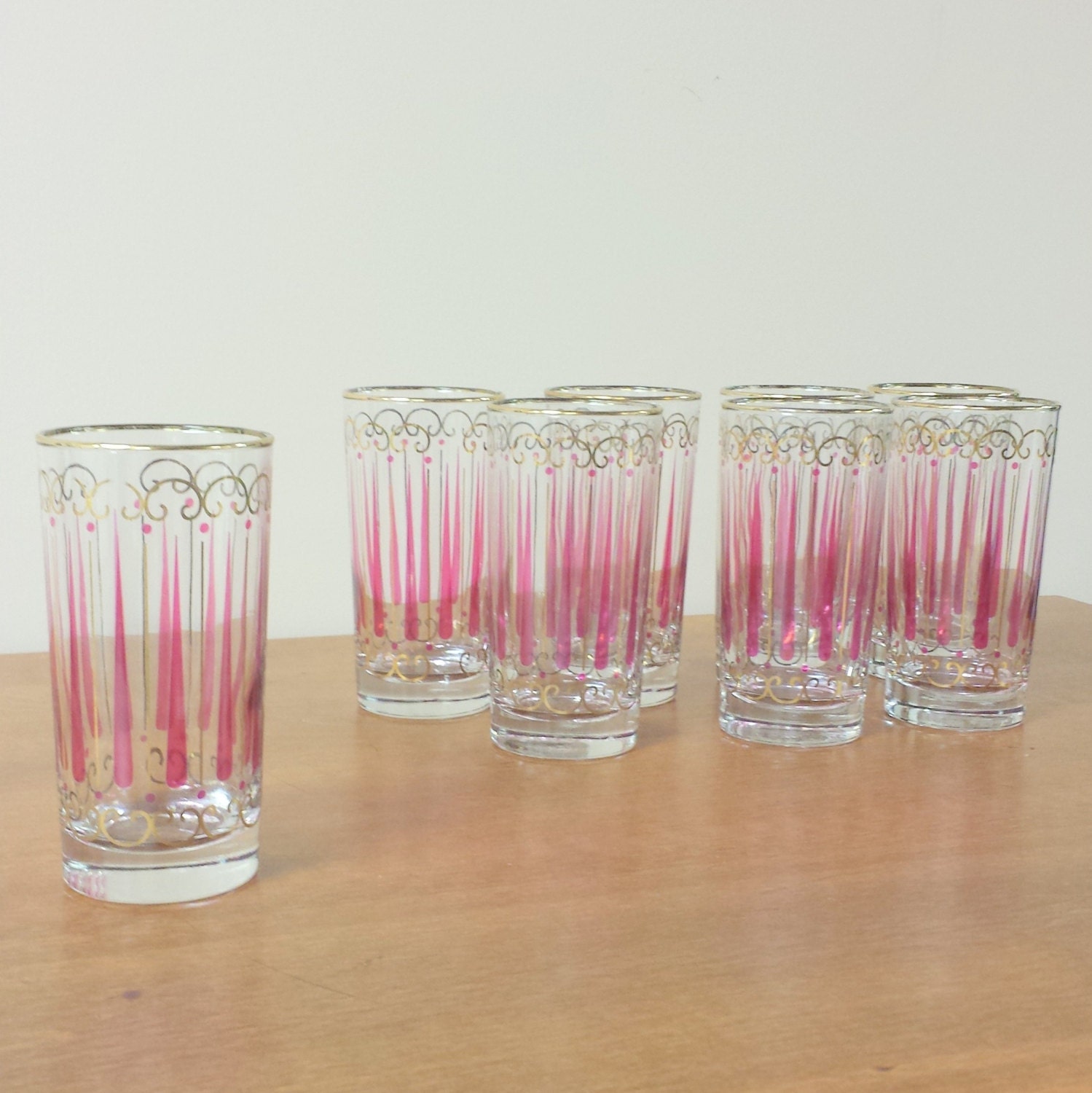 Eight Cranberry Red Glassware gold rimmed Tall Iced by FeeneyFinds