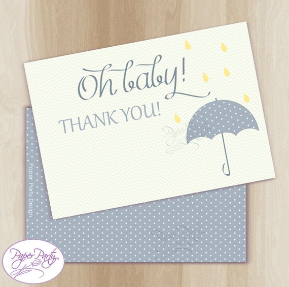 Blue Umbrella RainDrop Baby Shower Thank You Card Instant